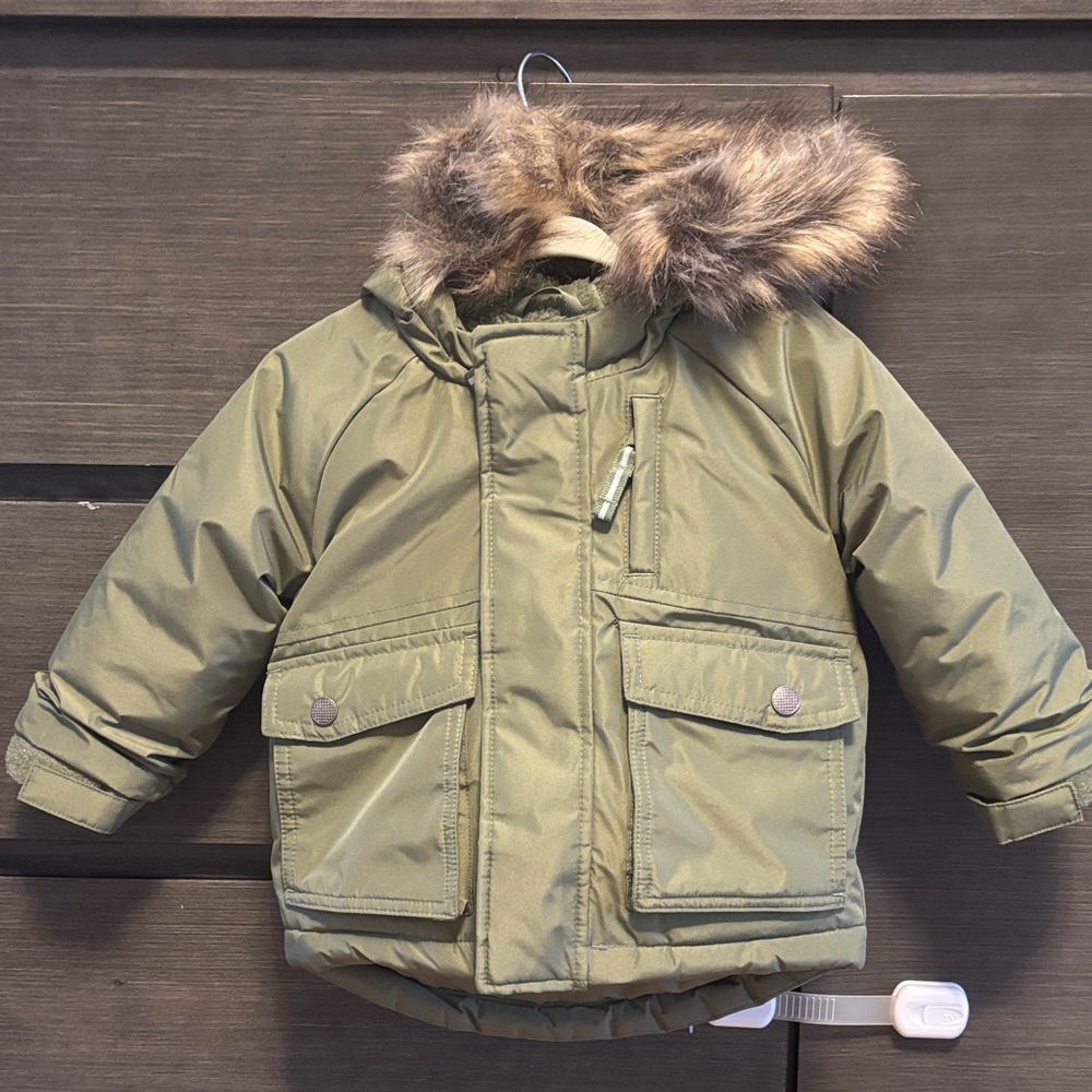 Cat & Jack Olive Green Puffer Jacket with Faux Fur Hood